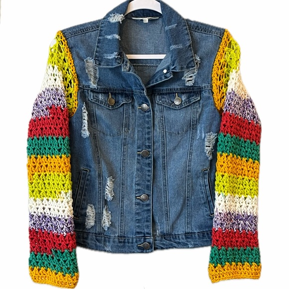 Hand Crafted Jackets & Blazers - (SOLD) CISONO Jean Trucker jacket with crochet sleeves reworked by seller Large
